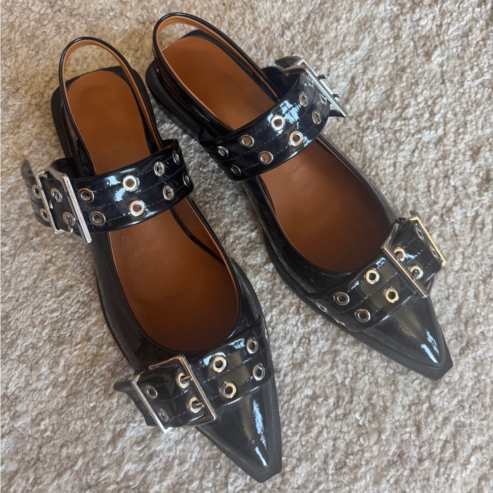 Black Patent Leather Buckle Flats
